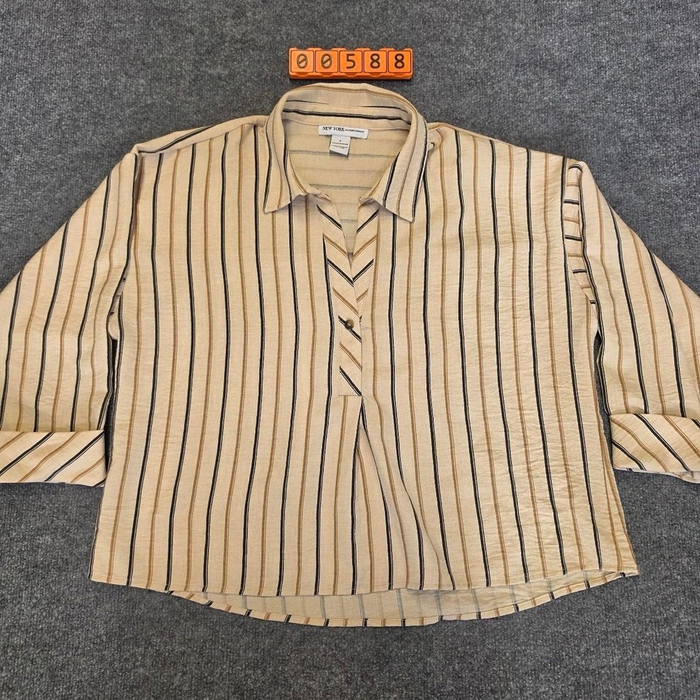 New York Clothing Company cream & tan striped button-up blouse, size large.